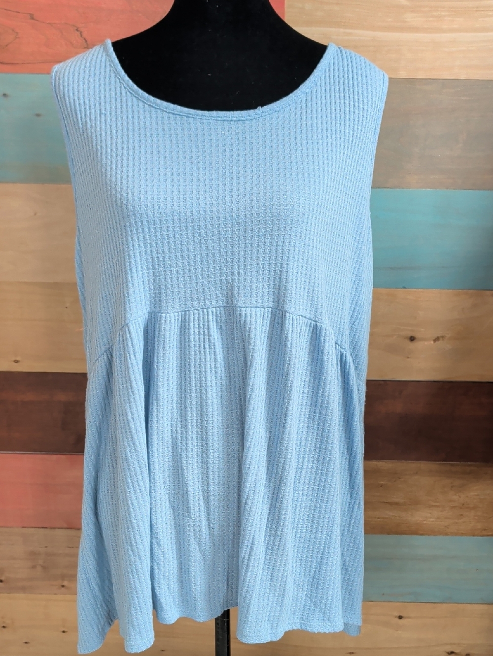 Light Blue Waffle Knit Swing Tank Top - Women's Casual Layering